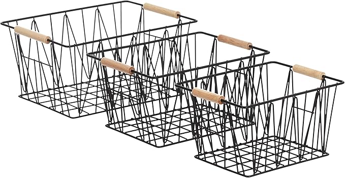 Amazon Basics Stackable Rectangular Wire Storage Baskets for Closet Organization, Set of 3, Multipurpose Home Organizer, Black