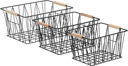Amazon Basics Stackable Rectangular Wire Storage Baskets for Closet Organization, Set of 3, Multipurpose Home Organizer, Black