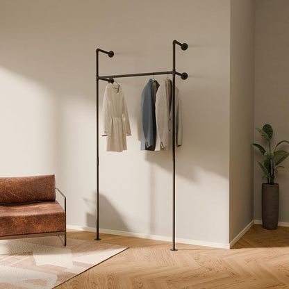 pamo Wall Mounted Pipe Clothing Rack – Industrial Closet System in Black Powder-Coated Steel – 41" W × 87" H, 309 lbs – Walk-In Closet & Retail
