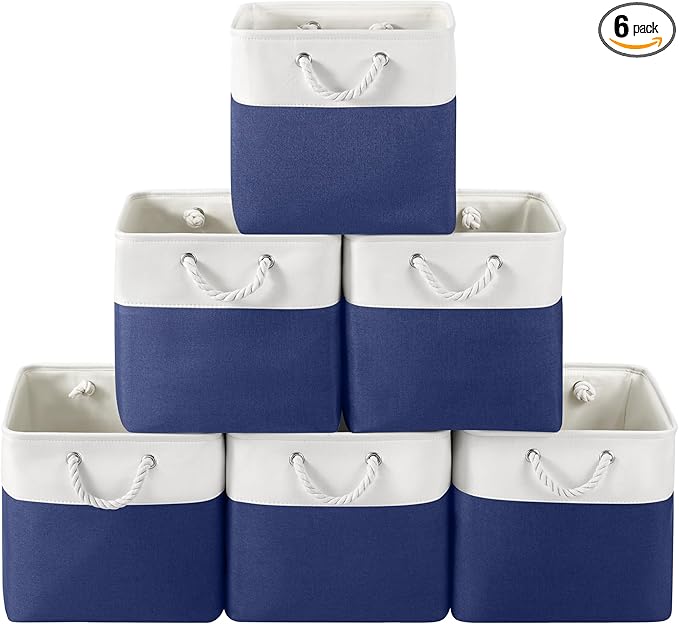 13 x 13 Inch Cube Storage Bins, 6 Pack Fabric Storage Basket with Handles, Foldable Boxes Organizer for Shelf Baskets for Home, Clothes (White/Blue)