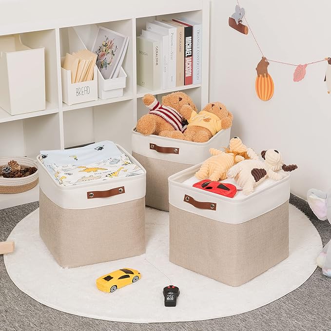 HNZIGE Cube Storage Baskets for Shelves Foldable Storage Baskets(3 Pack) Cube Storage Bin,13 Inch Storage Basket for Organizing with Leather Handles for Toys, Clothes, Kids , Closet (White&Beige)