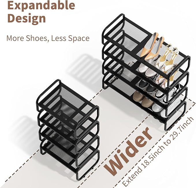 4Tier Shoe Rack - Expandable Shoe Organizer for Closet, Adjustable Metal Shoe Shelf Storage, Stackable Long Shoe Stand Holder for Garage, Entryway, Door Entrance