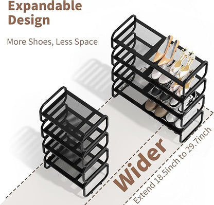 4Tier Shoe Rack - Expandable Shoe Organizer for Closet, Adjustable Metal Shoe Shelf Storage, Stackable Long Shoe Stand Holder for Garage, Entryway, Door Entrance
