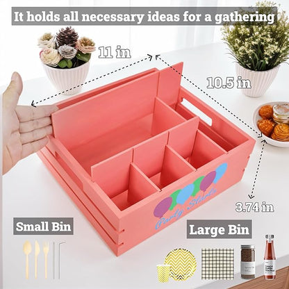 Utensil Holder for Party Farmhouse Crate Look - Pink Napkin Paper Plate Dispenser for Countertop - Silverware Caddy for Plate, Cup, Fork, Spoon - Flatware Box Organizer for Outdoor Camping Picnic