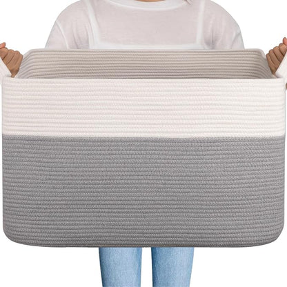 OIAHOMY Extra Large Blanket Basket, 95L Cotton Rope Woven Laundry Basket, Toy Bin for Baby Room, Container for Blanket Storage in Living Room, 24''×17''×14'', Grey & White