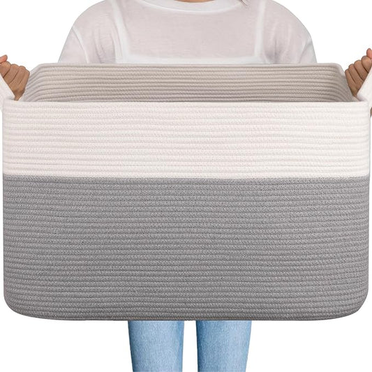 OIAHOMY Extra Large Blanket Basket, 95L Cotton Rope Woven Laundry Basket, Toy Bin for Baby Room, Container for Blanket Storage in Living Room, 24''×17''×14'', Grey & White