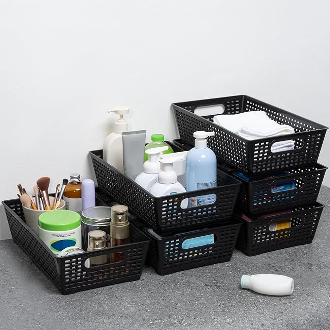 Tiawudi Stackable Woven Plastic Basket, Storage Bins for Cabinet, Closet, Shelf, Under Sink and Countertop, Pantry Organizer Bins, 6 Pack