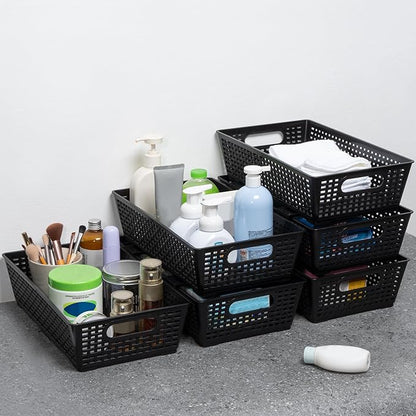 Tiawudi Stackable Woven Plastic Basket, Storage Bins for Cabinet, Closet, Shelf, Under Sink and Countertop, Pantry Organizer Bins, 6 Pack
