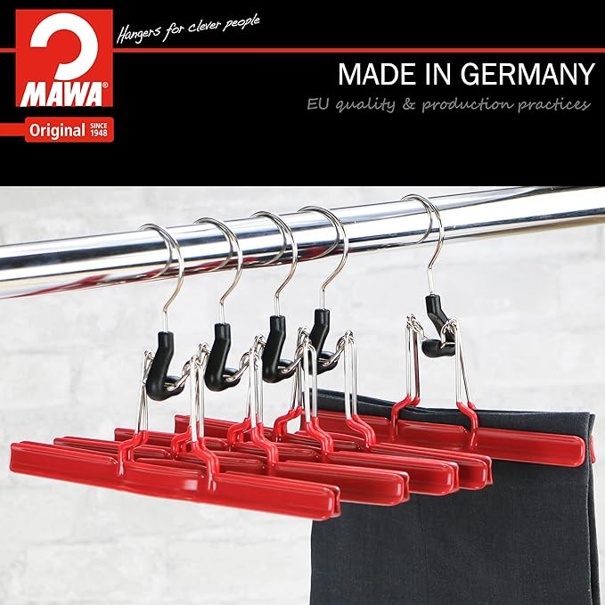 Mawa by Reston Lloyd Non-Slip Space Saving Clothes Hanger with Clamp for Pants and Skirts, Style M/26, Set of 2, Red