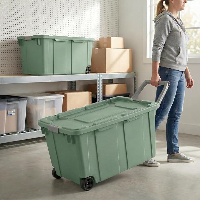 Extra Large 40 Gallon Wheeled Industrial Storage Bins, Heavy Duty Plastic Stackable Totes with Latch Lids and Pull Handle for Garage, Basement, and Moving, Green, 2 Pack