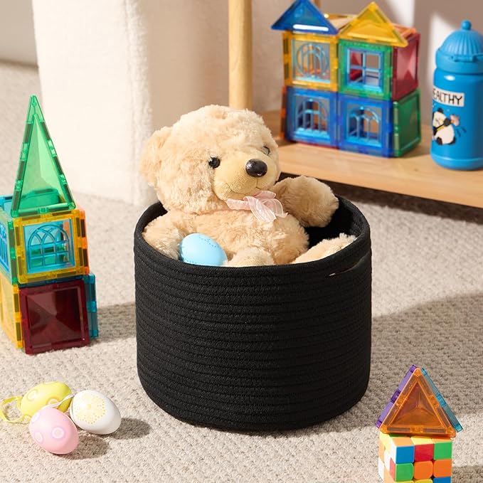 MiniArk Small Basket for Organizing | Cube Shelf Closet Storage Baskets | 9.7×9.7×7.1” | Woven Rope Gift Basket | Nursery | Round 3 Packs Black