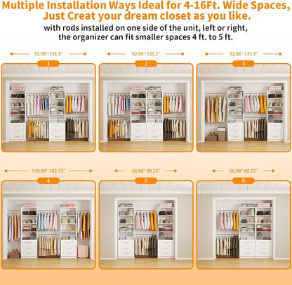 Closet System with 6 Drawers, 6FT-15FT Wooden Closet Organizer System with 8 Expandable Hanging Rods and Shelves, Closet Shelving System for Walk in Closet for Bedroom,Wall Mount, White 2 Sets
