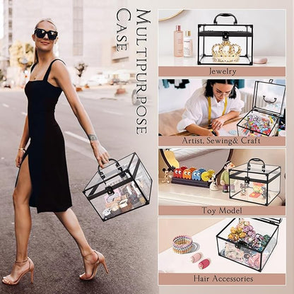 Costravio Makeup Display Clear Clear Makeup Case Portable Transparent Artists Train Case Crown Box Large Capacity Toiletry Organizer Box Travel Makeup Storage for Vanity Bathroom Craft Toys Case