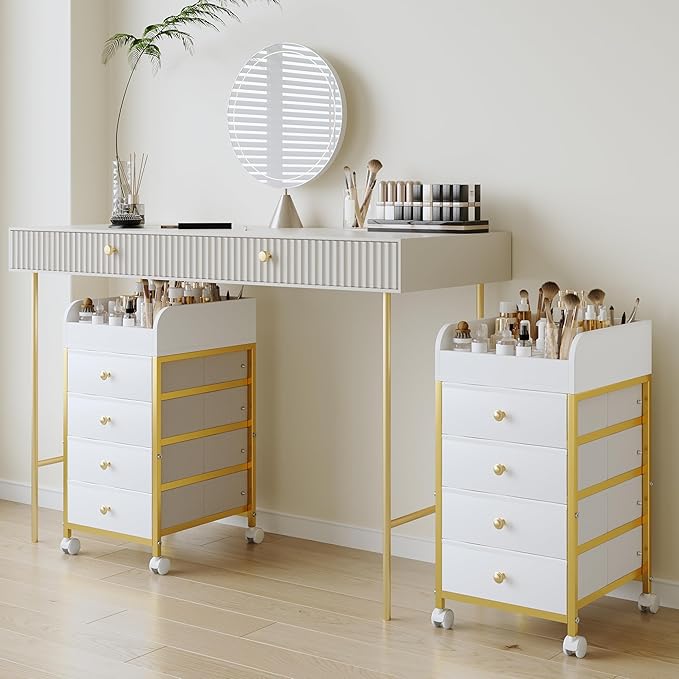 Rolling Makeup Organizer Cart - Under Desk Vanity Makeup Storage with 4 Fabric Drawers, Bathroom Storage Cart Cosmetic Display Cases for Nail Polish Brush Hair Tool