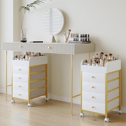 Rolling Makeup Organizer Cart - Under Desk Vanity Makeup Storage with 4 Fabric Drawers, Bathroom Storage Cart Cosmetic Display Cases for Nail Polish Brush Hair Tool