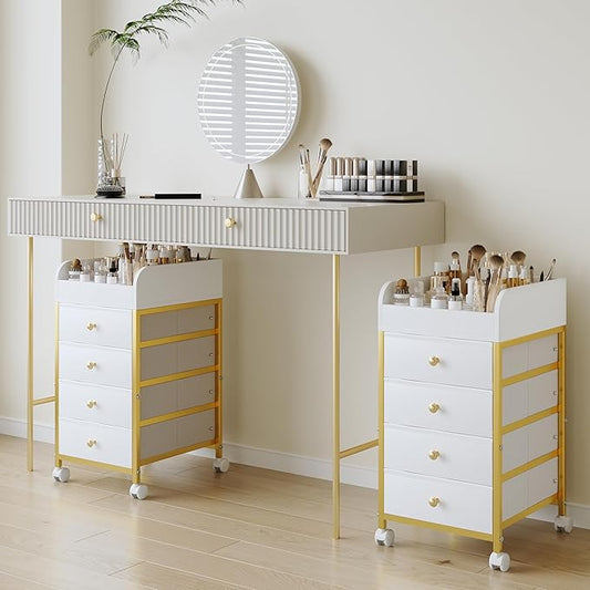 Rolling Makeup Organizer Cart - Under Desk Vanity Makeup Storage with 4 Fabric Drawers, Bathroom Storage Cart Cosmetic Display Cases for Nail Polish Brush Hair Tool
