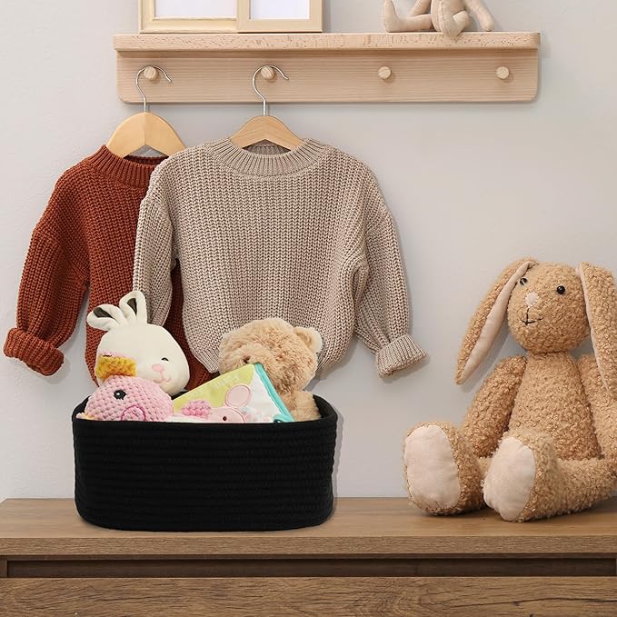 XUANGUO Small Woven Storage Baskets 12“X8”X5“ Decorative Rope Bins for Organizing Shelves, Closets, and Toys, Empty Gift Baskets, Cute Organizer Basket for Home and Office (black, regular)