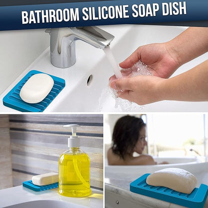 ZAPPOWARE Self Draining Soap Dish for Bar Soap - Pack of 2 Blue Silicone Waterfall Drain Soap Savers for Shower, Bath, Kitchen Countertop