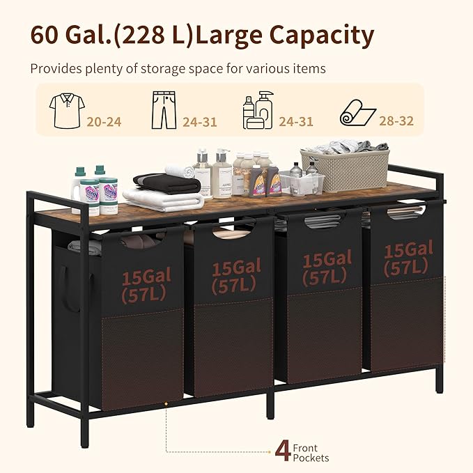 Heybly Laundry Hampers, 4 × 15Gal (228 L) Laundry Basket with Large Desktop Sorter for Laundry Room organization, Bathroom and Dorm Laundry Bags on Storage Shelf, Rustic Brown HLH004SR