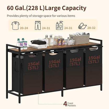 Heybly Laundry Hampers, 4 × 15Gal (228 L) Laundry Basket with Large Desktop Sorter for Laundry Room organization, Bathroom and Dorm Laundry Bags on Storage Shelf, Rustic Brown HLH004SR