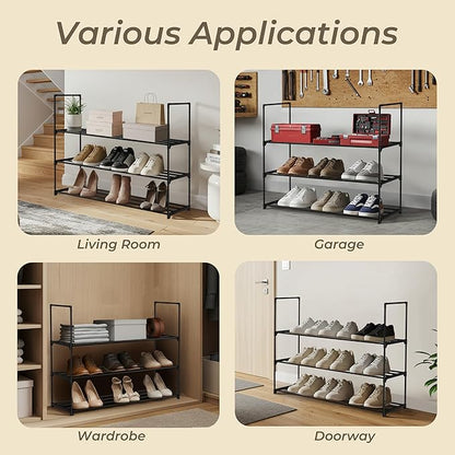 Black 3 Tier Shoe Rack, 36" Large Shoe Shelf Holds 15 Pairs of Shoes, Heavy Duty Shoe Rack for Entryway, Bedroom, Closet, Up to 22 lb Weight Capacity, Space-Saving and Easy to Assemble