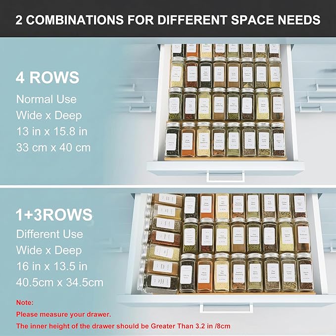 Spice Drawer Organizer with 28 Spice Jars and 216 Labels,Non-slip Rubber, Bamboo 4 Tier Spice Racks Tray Seasoning Containers for Kitchen Drawers,Cabinets,Countertops,13" Wide * 15.8" Deep
