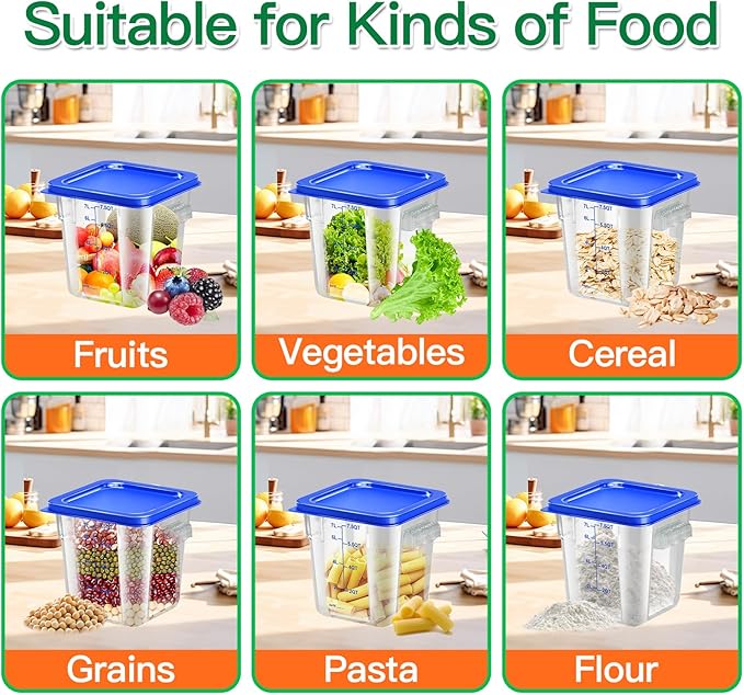 4 pcs 8qt Food Storage Containers with Lid, Square Clear Commercial Food Storage Containers with Handle and Scale for Food Storage in Home Kitchen & Dining (Blue)