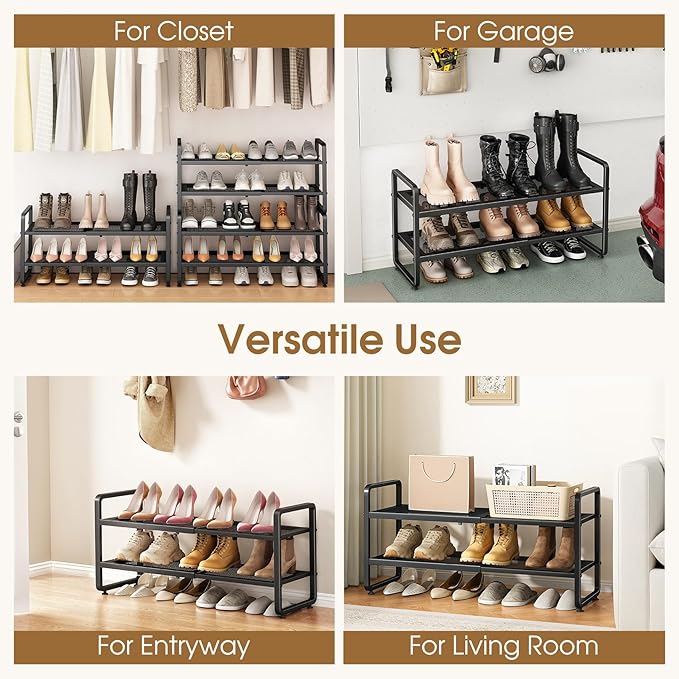 SAYZH Expandable Shoe Rack for Closet, Adjustable Metal Shoe Organizer with Sturdy Mesh Shelves for Boots & Heels, Stackable Shoe Storage for Entryway, Garage, Small Spaces (Black, 2-Tier)