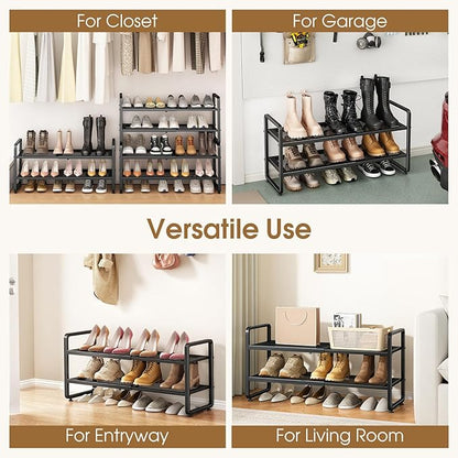 SAYZH Expandable Shoe Rack for Closet, Adjustable Metal Shoe Organizer with Sturdy Mesh Shelves for Boots & Heels, Stackable Shoe Storage for Entryway, Garage, Small Spaces (Black, 2-Tier)