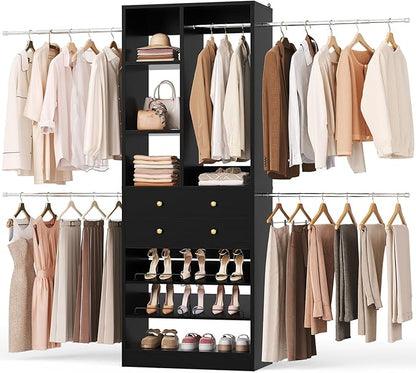 Besiost Closet System, 4.2–8.8 FT Closet Organizer with 2 Wooden Drawers and Shelves, Walk-in Closet System with 5 Hang Rods, Built-in Reach in Closet Tower, Can Fit 60 to 96 inch, Black