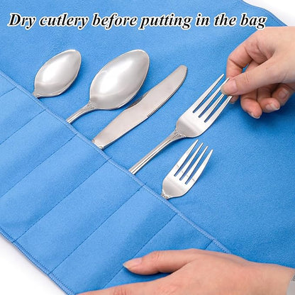 Tebery 12 Pcs Anti Tarnish Silver Storage Bags, 12 Slot Silverware Protector Cloth Roll with White Ribbon, Cutlery Flatware Place Setting Roll Organizer for Kitchen Utensil Teaspoon