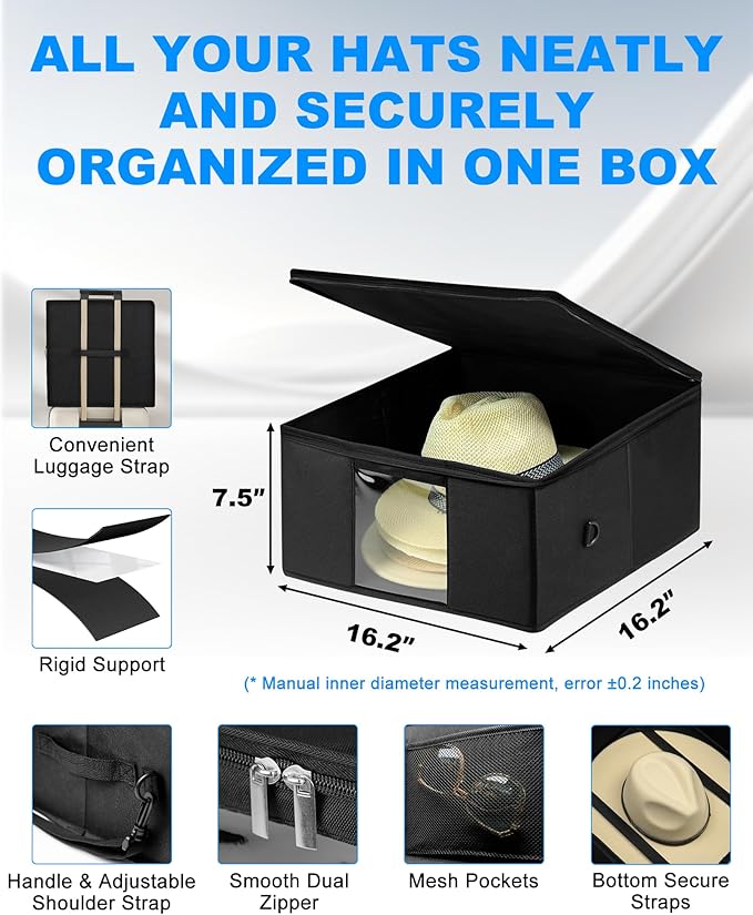 Teraves Large Cowboy Hat Storage Box, All Around Hardboard Support, Crush-Proof, Dust-Proof, Wide Brims Hat Travel Case with Shoulder Strap Carrying Handle and Trolley Sleeve, Black