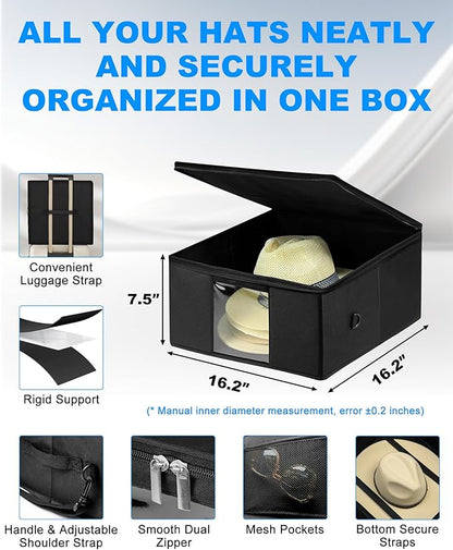 Teraves Large Cowboy Hat Storage Box, All Around Hardboard Support, Crush-Proof, Dust-Proof, Wide Brims Hat Travel Case with Shoulder Strap Carrying Handle and Trolley Sleeve, Black