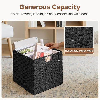StorageWorks 13 inch Wicker Storage Baskets, Handwoven Wicker Basket for Organizing, Foldable Square Storage Cubes, Black, Paper Rope, 2 Pack