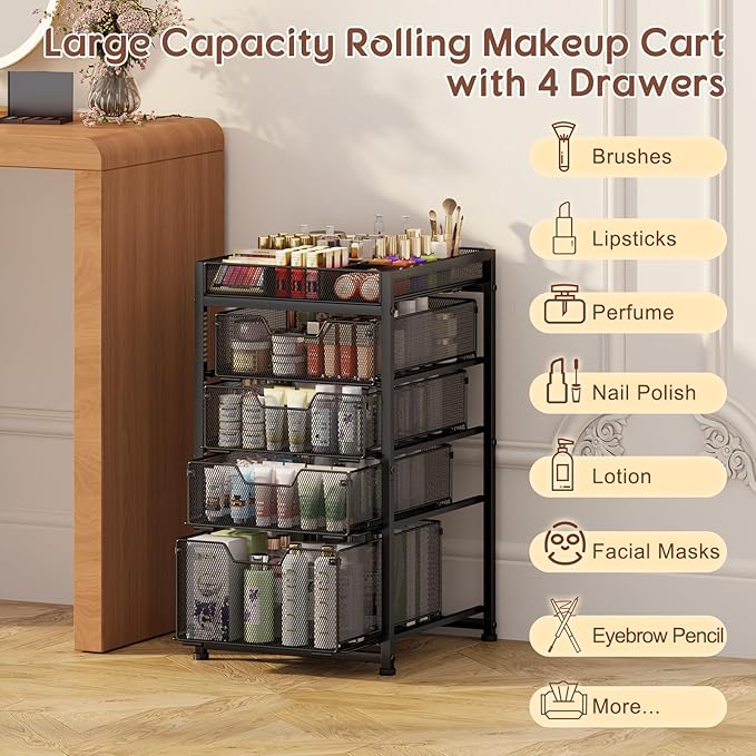 5-Tier Rolling Makeup Cart Organizer with 4 Drawers, Cosmetics Display with Dividers, Floor Skincare Storage with Wheels, Versatile Vanity Organizer for Nail Polish Perfume Brush Hair Tool, Black