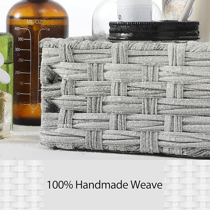 [Larger Compartments] Toilet Tank Topper Paper Basket - Multiuse Hand Woven Plastic Wicker Basket with Divider for Organizing, Rustic Farmhouse Bathroom Decor, Countertop Organizer Storage, Gray Wash