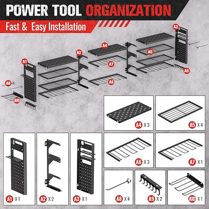 49.8" W Super Large Power Tool Organizer Wall Mount,4-Layer Heavy Duty Tool Storage with 18 Cordless Drill Holder,600 lb Capacity Garage Organization for Garage and Workshop (Black)