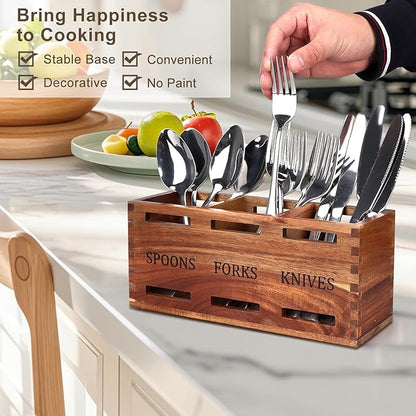 Acacia Wood Silverware Caddy Wooden Flatware Cutlery Holder Silverware Organizer Storage Small Utensil Holder for Kitchen Counter Spoon and Fork Holder Flatware Utensil Caddy for Party