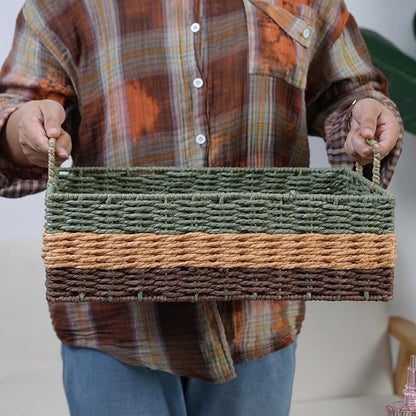 Handmade Rectangle Woven Paper Rope Storage Basket with Iron Frame,Basket with handles for Home Decor, Shelf & Desktop Organizing (Mix green yellow brown)