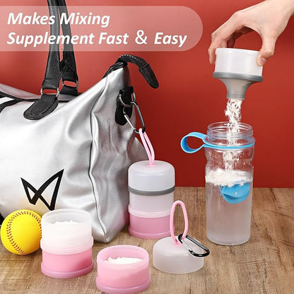 Baderke 2 Pcs Protein Powder Container with Funnels Stand, 4 Stackable Leakproof Protein Powder Dispenser, Portable Keychain Powder Container for Workout, Fitness, Travel(Pink, White)