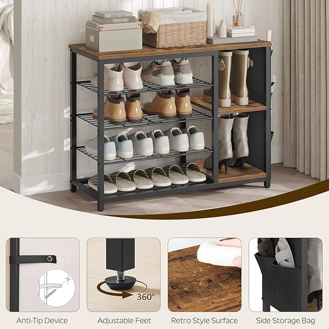 YATINEY Industrial 5-Tier Shoe Rack, Metal Shoe Storage Organizer with Side Oxford Pocket, Entryway Heavy Duty Shoe Shelf for Small Spaces, Entryway, Hallway, Rustic Brown and Black SS84BR