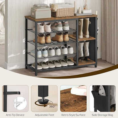YATINEY Industrial 5-Tier Shoe Rack, Metal Shoe Storage Organizer with Side Oxford Pocket, Entryway Heavy Duty Shoe Shelf for Small Spaces, Entryway, Hallway, Rustic Brown and Black SS84BR