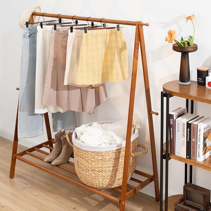 StorageWorks Pants Hangers with Clips, Wooden Clothes Hanger for Skirts, Jeans, Shorts, 10 Pack, Walnut Color