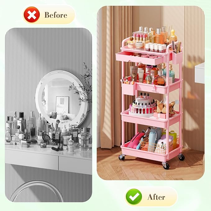 SUNALLY Makeup Cart Organizer with Drawers, 4 Tier Floor Skincare Organizers for Vanity, Rolling Makeup Bathroom Storage Cart Cosmetics Display Cases for Skin Care Perfume Nail Polish, Pink