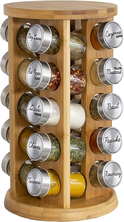 Orii 20 Jar Rotating Bamboo Spice Rack with Spices Included & 5-Year Free Spice Refill Program – Revolving Countertop Spice Rack with Glass Jars