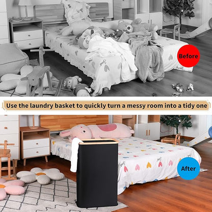iEGrow 60L Slim Laundry Hamper, Narrow Laundry Basket with Lid,Foldable Clothes Hamper with Bamboo Handles,Hamper Basket with Removable Inner Bag for Laundry Room Bedroom College Dorm,Black