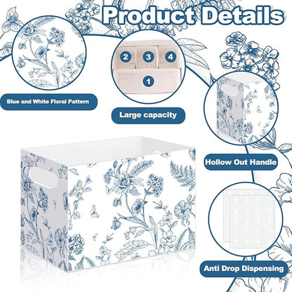 Sliner 2 Pcs Blue and White Floral Utensil Holder Paper Utensil Caddy for Wedding Bridal Shower Party Supplies Cutlery Holder with Handles Disposable Flower Butterfly Cutlery Organizer Snack Box Favor