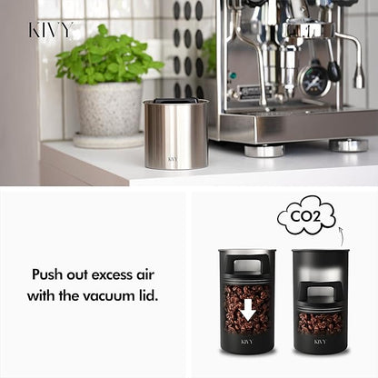 KIVY Vacuum Coffee Canister - Push Lid Preserves Coffee Aroma & Oil - Stainless Steel Airtight Coffee Canister - Coffee Container for Ground Coffee & Coffee Bean Storage - Removes Excess Air