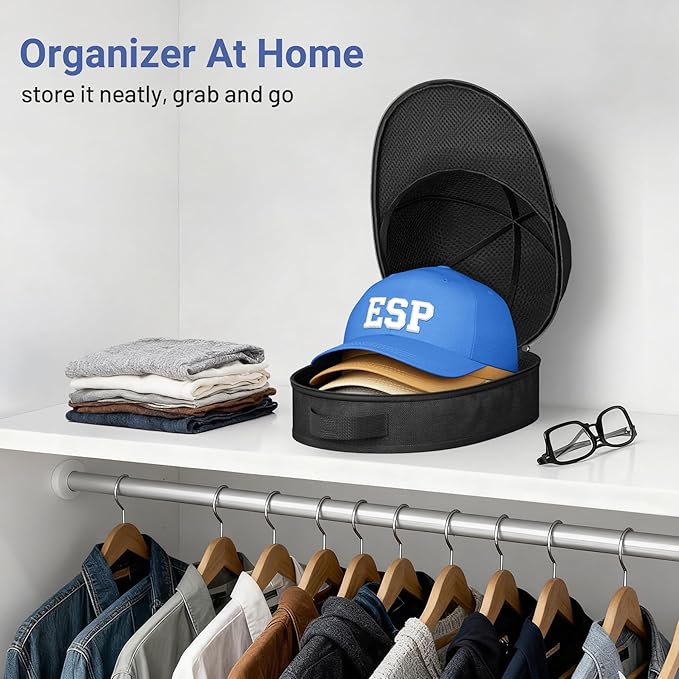 AOODA Hat Travel Case for Baseball Caps, Cap Carrier with Plastic Holder & Carrying Handle, Holds up to 6 Caps Hat Bag for Luggage, Suitcase (Black)