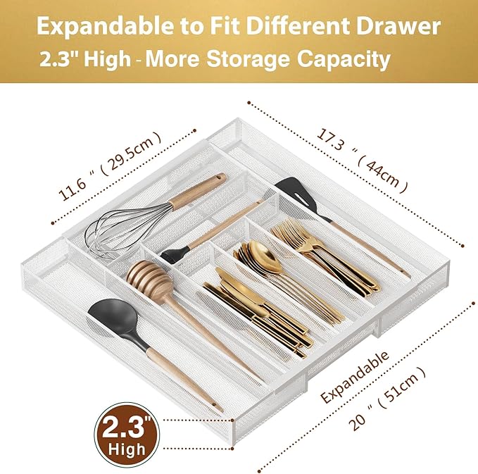 Sedegn Silverware Organizer Metal Mesh, Large Drawer Organizer, Utensil Cutlery Tray for kitchen drawers, Expandable Flatware Organizer with 8 Compartment White 11.6"~20" x 17.3"